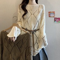 批发波西米亚风钩花镂空针织衫女春2026新款胖MM腰带收腰显瘦独特上衣