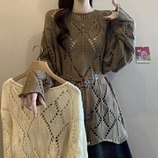 批发菱形钩花镂空花边下摆针织衫女春新款胖MM设计感收腰显瘦独特上衣