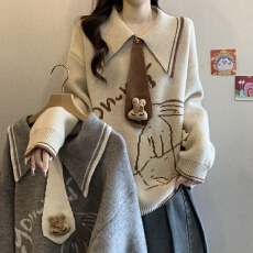 批发学院风POLO领兔子刺绣毛衣女秋冬新款<b class='q'>胖</b><b class='q'>MM</b><b class='q'>洋气</b>减龄慵懒显瘦针织衫