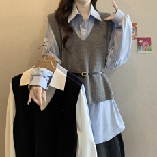 批发大码女装秋季新款胖MM时尚减龄收腰显瘦衬衫针织衫<b class='q'>马甲</b>叠穿三件套