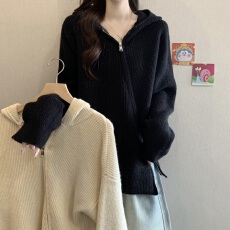 批发不规则双头拉链连帽正肩针织衫女冬新款胖MM宽松遮肚气质百搭毛衣