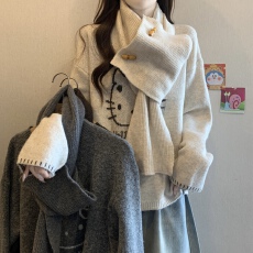 批发牛角扣围脖小猫刺绣圆领毛衣女秋冬新款胖MM宽松慵懒风百搭针织衫