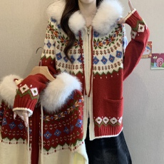 批发加厚毛领费尔岛提花连帽毛衣女秋冬新款胖MM复古减龄慵懒显瘦<b class='q'>外套</b>