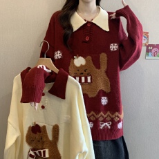 批发圣诞氛围感围巾小狗撞色polo领毛衣女冬新款胖MM复古减龄显瘦上衣