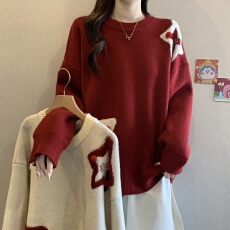 批发圣诞新年红色五角星提花毛衣女冬新款<b class='q'>胖</b><b class='q'>MM</b><b class='q'>慵懒</b>显瘦独特漂亮针织衫