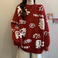 批发新年圣诞红色植绒加厚毛衣女冬新款胖MM复古减龄慵懒显瘦针织上衣