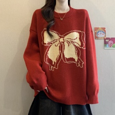 批发新年圣诞红色别致刺绣毛衣女<b class='q'>秋</b>冬胖MM新款好看减龄慵懒显瘦针织衫