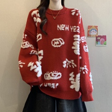 批发新年圣诞红色别致刺绣毛衣女<b class='q'>秋</b>冬胖MM新款好看减龄慵懒显瘦针织衫