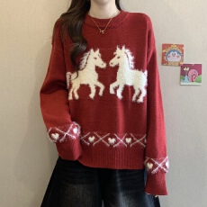 批发新年圣诞毛巾绣马红色毛衣女冬新款胖MM时尚减龄显瘦巨好看针织衫