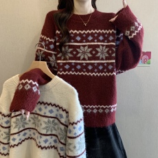 批发过年圣诞红色费尔岛提花针织衫女<b class='q'>秋</b>冬新款胖MM复古减龄巨好看毛衣