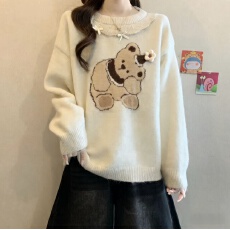 批发设计感花边拼接小熊提花毛衣女冬新款胖MM时尚减龄慵懒显瘦针织衫