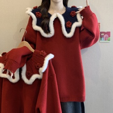 批发新年圣诞红色立体花朵加厚毛衣女冬新款<b class='q'>胖</b>MM<b class='q'>好看</b>减龄慵懒显瘦上衣