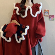 批发圣诞过年红色立体花朵娃娃领加厚毛衣女冬<b class='q'>胖</b>MM<b class='q'>好看</b>减龄慵懒针织衫
