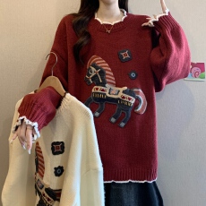 批发圣诞新年红色小马刺绣加厚毛衣女冬新款<b class='q'>胖</b>MM<b class='q'>慵懒</b>显瘦独特漂亮上衣