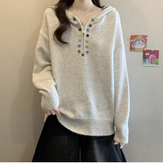 批发设计感彩虹扣半拉链连帽针织衫女秋冬新款<b class='q'>胖</b>MM<b class='q'>显瘦</b>百搭慵懒风毛衣