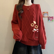 批发新年复古金元宝刺绣红色<b class='q'>毛衣</b>女秋冬新款胖MM遮肚显瘦巨好看针织衫