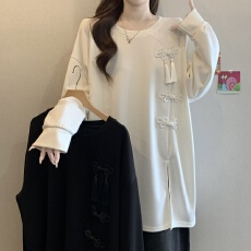 批发2026<b class='q'>春</b>季新中式不规则开叉正肩T恤大码胖MM洋气百搭遮肚显瘦上衣