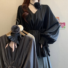 批发大码法式V领花朵飘带<b class='q'>雪纺衫女</b>春夏新款胖MM收腰遮肚显瘦气质衬衫