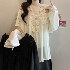 批发法式重工蕾丝钩花镂空<b class='q'>雪纺衫</b>春夏新款胖MM气质百搭宽松显瘦两件套