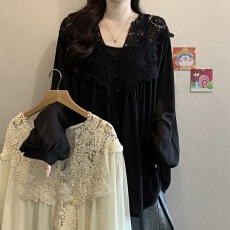 批发设计感重工蕾丝钩花镂空灯笼袖<b class='q'>雪纺衫女</b>春夏新款胖MM遮肚显瘦衬衫