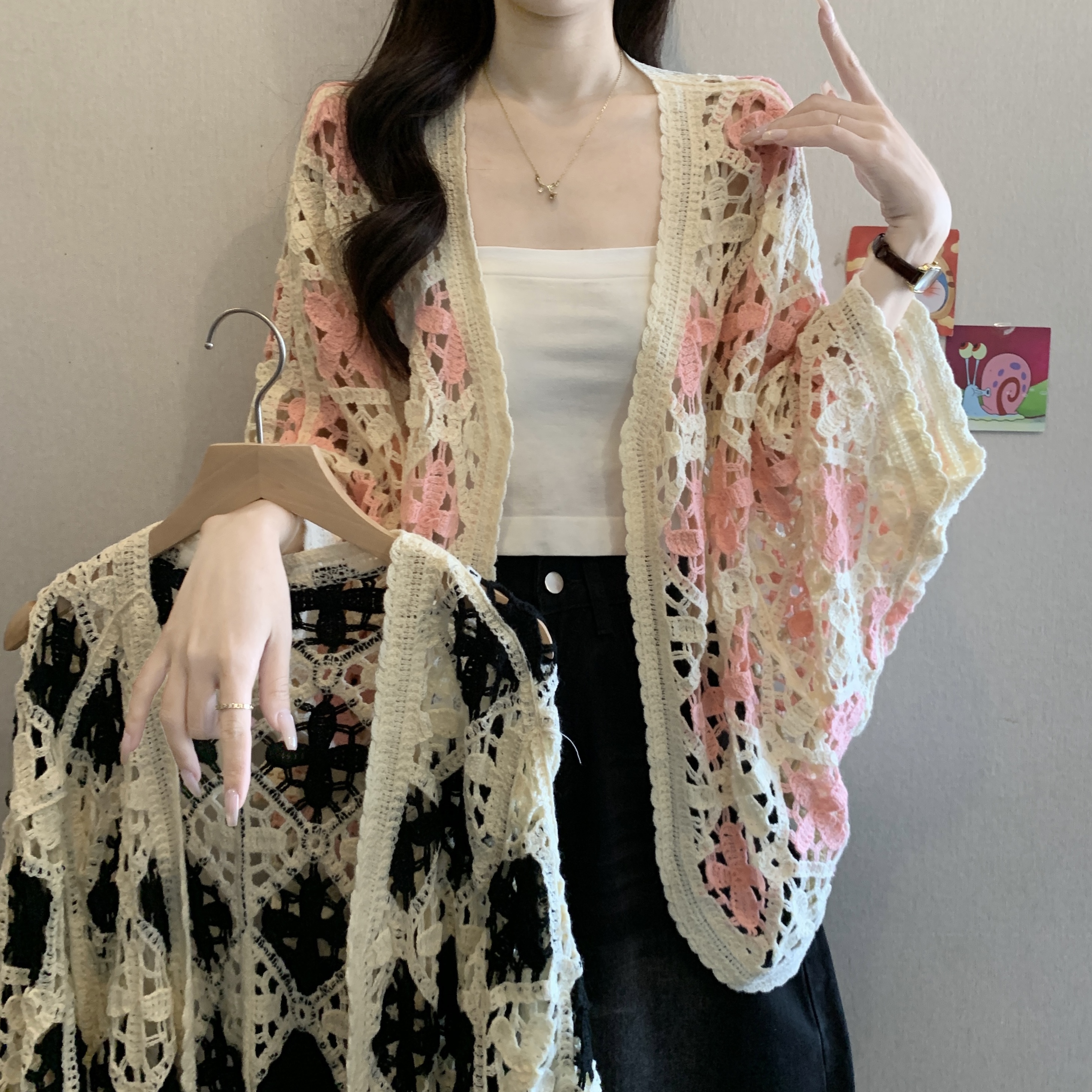 보헤미안 자수 홀로우 아웃 니트 열기 여성 봄 여름 새로운 지방 mm 루즈핏 슬림해 보이는 연령 감소 다용도 외부 잡아라. 의류