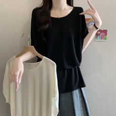 批发大码不规则冰丝<b class='q'>针织衫</b>女夏季新款胖MM宽松遮肚气质显瘦蝙蝠袖T恤