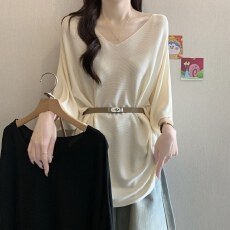 批发法式V领慵懒风蝙蝠袖冰丝针织衫女夏季胖MM气质收腰显瘦百搭上衣