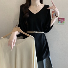 批发法式V领正肩显瘦冰丝针织衫女夏胖MM气质腰带遮肚显瘦蝙蝠袖上衣