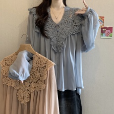 批发法式重工蕾丝钩花镂空<b class='q'>雪纺衫</b>春夏新款胖MM气质百搭宽松显瘦两件套