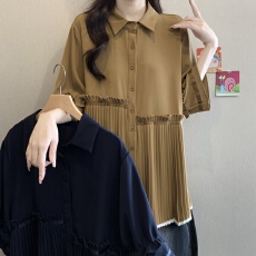 批发高级感重工荷叶边褶皱短袖衬衫女夏胖MM新款<b class='q'>宽松</b>遮肚百搭<b class='q'>雪纺上衣</b>