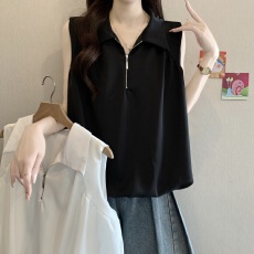 批发法式polo领拉链无袖衬衫女夏新款胖MM<b class='q'>宽松</b>遮肚减龄百搭漂亮<b class='q'>雪纺衫</b>