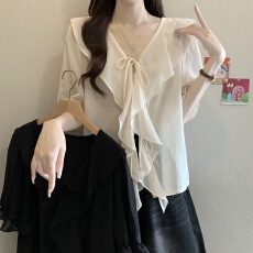 批发法式V领荷叶边短袖衬衫女夏新款胖MM洋气减龄时尚显瘦漂亮雪纺衫