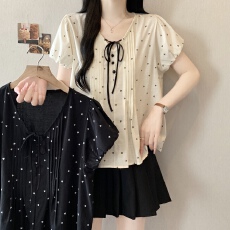 批发法式V领泡泡袖正肩波点衬衫女夏新款胖MM气质显瘦减龄百搭娃娃衫