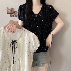 批发高级感法式V领正肩短袖爱心衬衫女夏胖MM气质显瘦减龄百搭娃娃衫