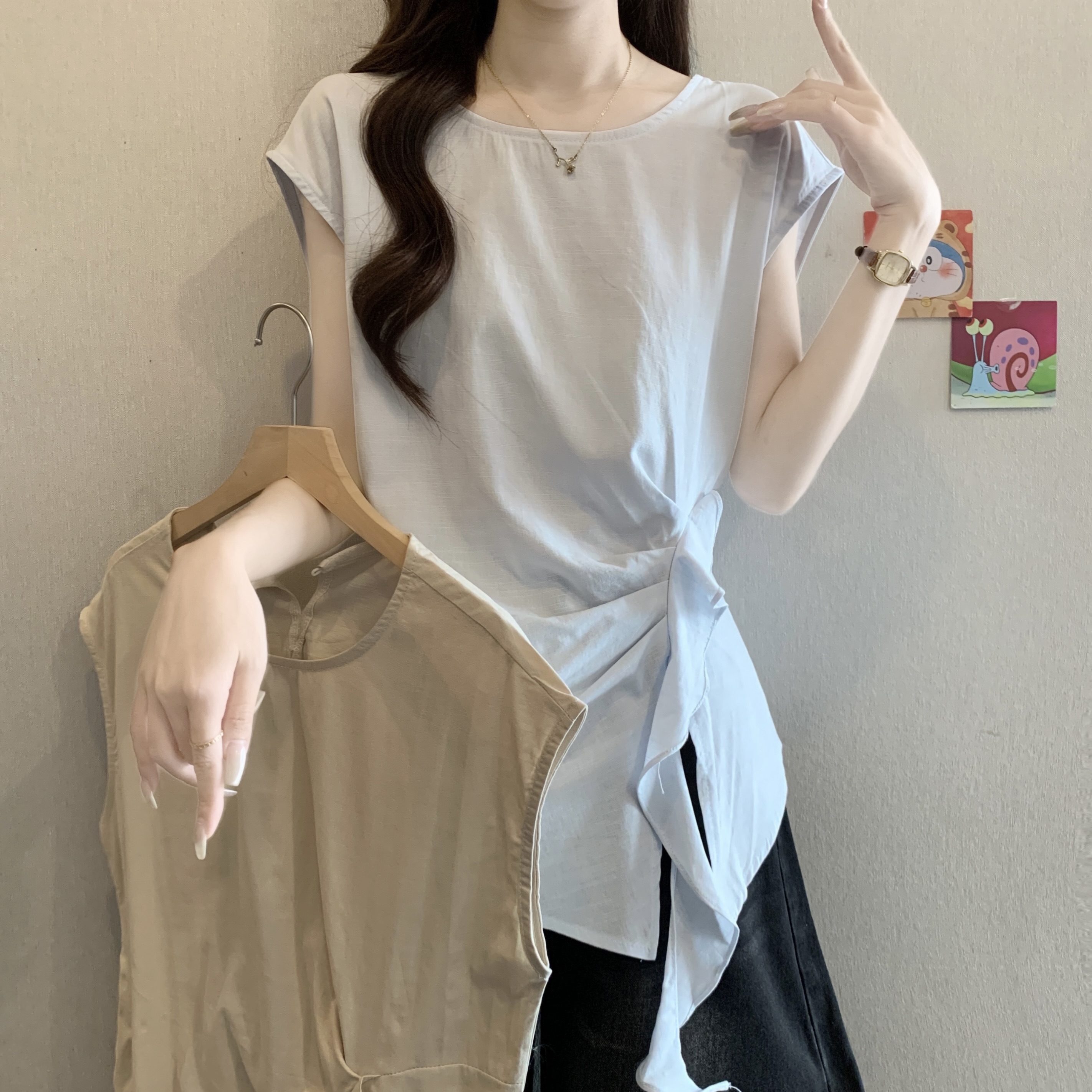 디자인 센스 불규칙 레이스업 주름 긍정적 인 어깨 반팔 여성 셔츠 여름 새로운 지방 mm 허리 수축 슬림해 보이는 품격 티셔츠