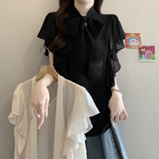 批发法式荷叶边蝴蝶系带短袖<b class='q'>雪纺衫女</b>夏新款胖MM宽松遮肚气质显瘦衬衫