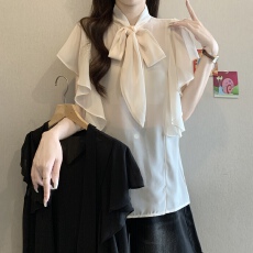 批发法式高级感荷叶边短袖衬衫女夏季新款胖MM气质百搭遮肚显瘦<b class='q'>雪纺衫</b>