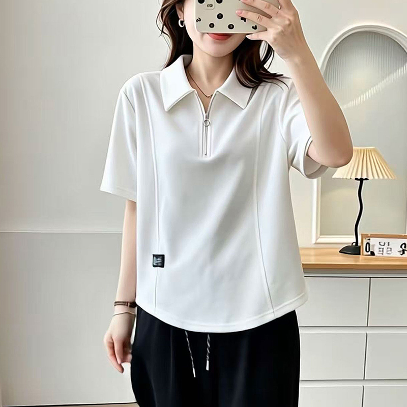 빅 사이즈 POLO 칼라 품격 슬림해 보이는 하프 지퍼 반팔 티셔츠 여성 여름 새로운 지방 mm 캐주얼 다용도 표지 배 맨위