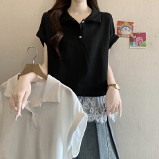 批发蕾丝拼接正肩短袖polo领<b class='q'>卫衣</b>女夏新款胖MM休闲显瘦时尚百搭上衣