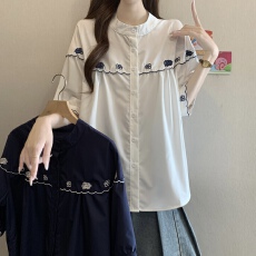 批发设计感复古刺绣正肩短袖衬衫女<b class='q'>夏</b>新款2026胖MM减龄显瘦巨好看上衣