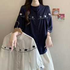批发高级感文艺刺绣正肩短袖衬衫女<b class='q'>夏</b>新款胖MM休闲显瘦气质减龄上衣