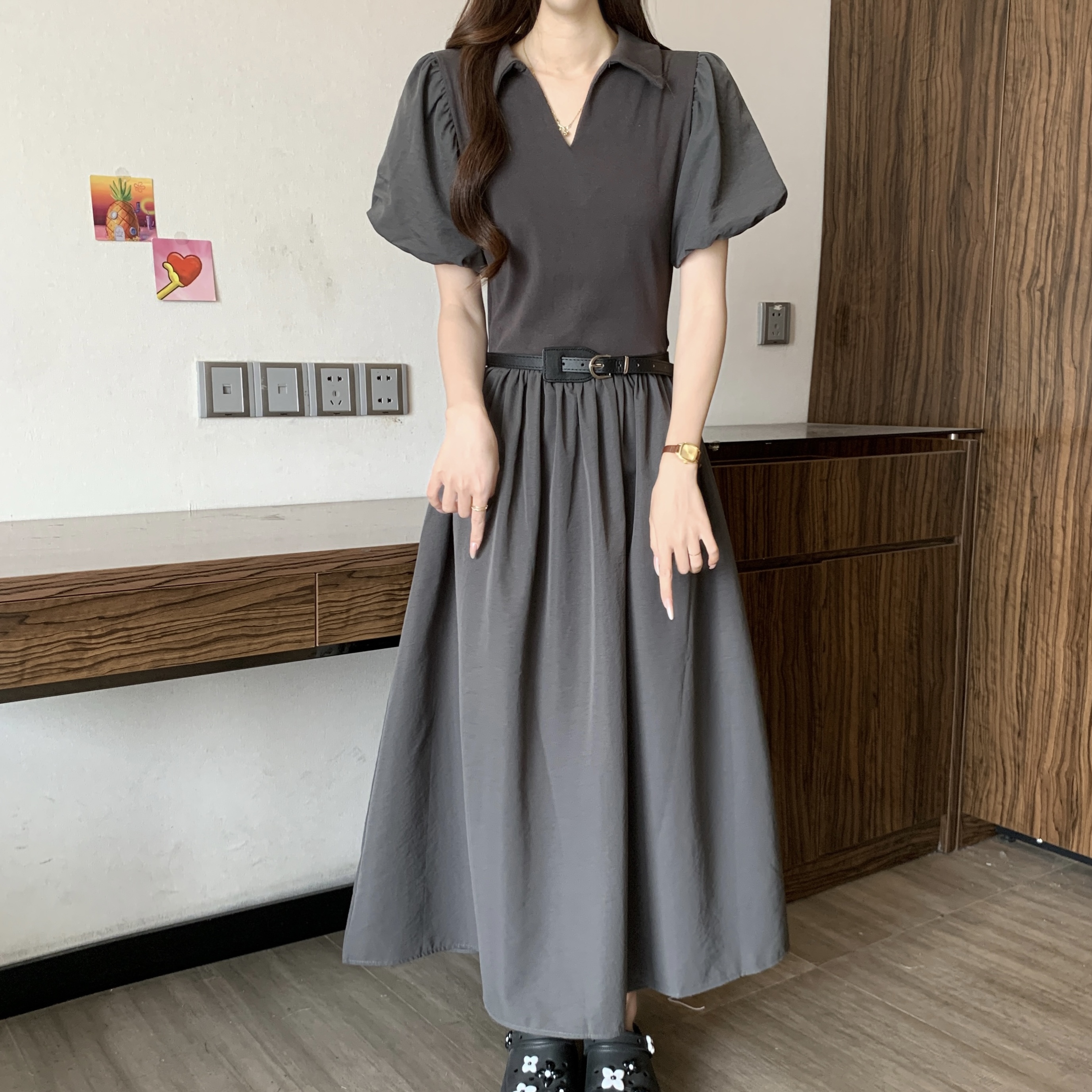 고급 센스 프랑스식 그는 벤 바람 POLO 칼라 반팔 여성 드레스 여름 2026 새로운 지방 mm 품격 슬림해 보이는 치마
