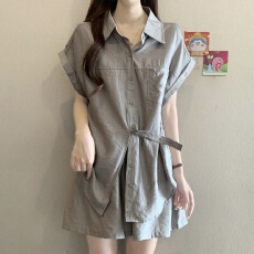 批发高级感时尚不规则系带衬衫短裤套装女夏新款胖MM气质显瘦两件套