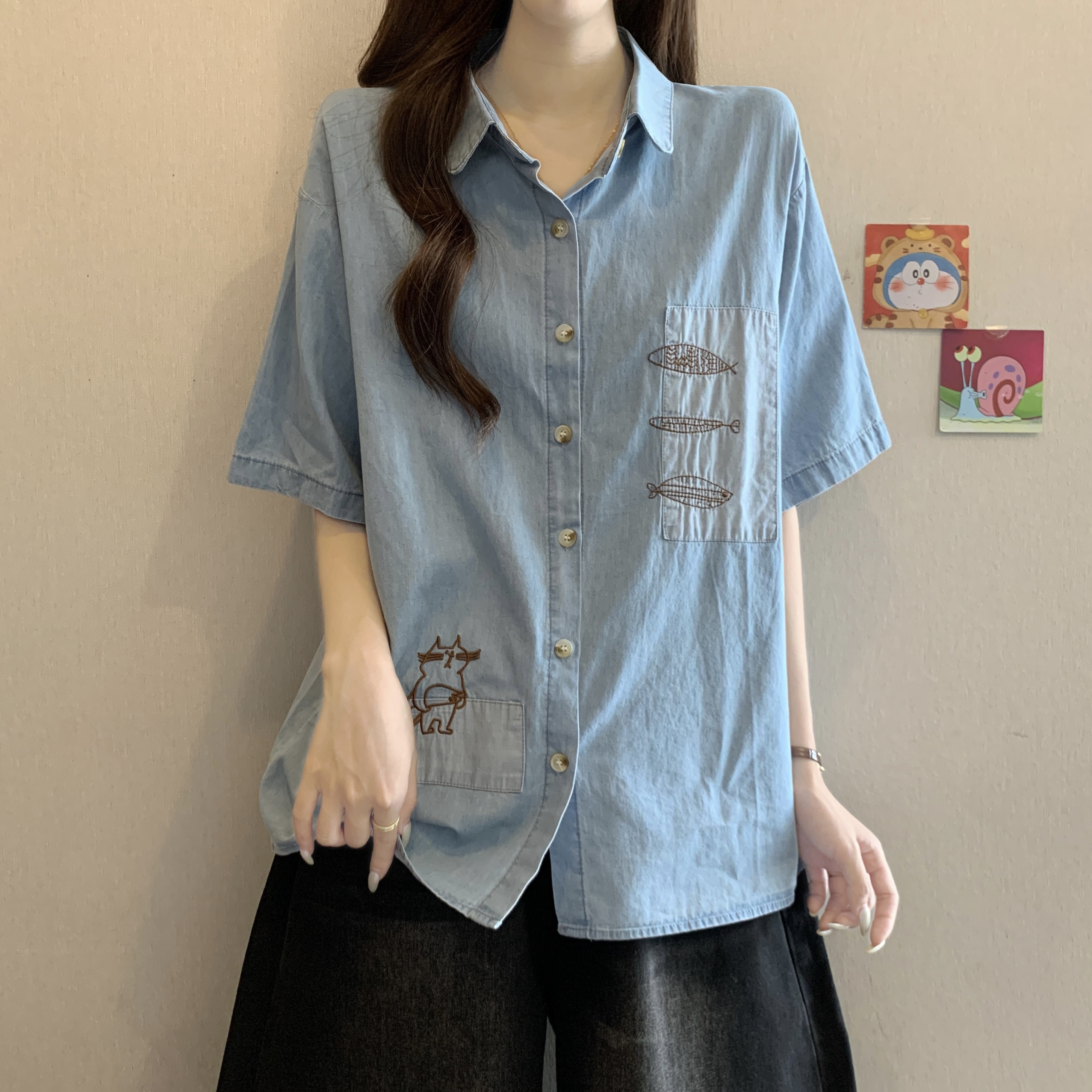 문예 자수 POLO 칼라 데님 여성 셔츠 여름 빅 사이즈 새로운 지방 mm 긍정적 인 어깨 슬림해 보이는 표지 배 다용도 맨위