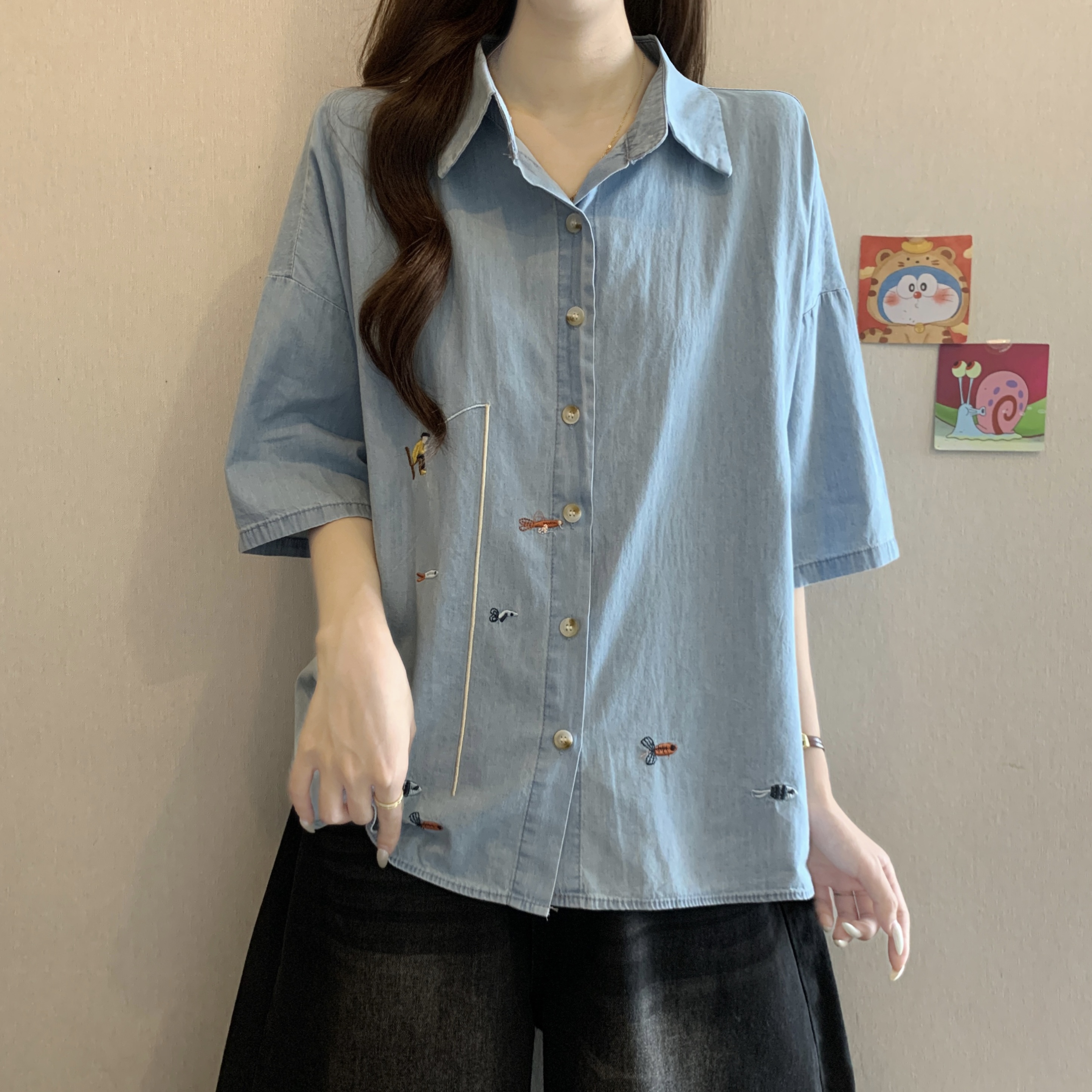 레트로 데님 자수 POLO 칼라 반팔 여성 셔츠 여름 새로운 지방 mm 루즈핏 표지 배 슬림해 보이는 연령 감소 맨위