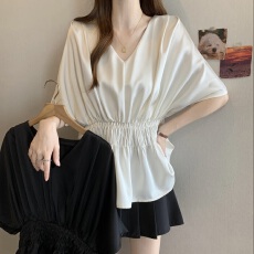 批发高级感轻奢醋酸缎面V领衬衫女夏新款胖MM气质收腰显瘦蝙蝠袖上衣