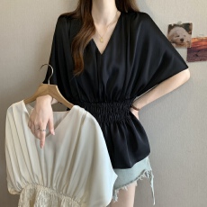 批发高级感气质醋酸缎面V领醋酸女夏新款胖MM收腰显瘦时尚百搭上衣