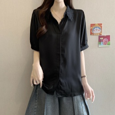 批发法式蕾丝polo领正肩短袖衬衫女夏新款胖MM宽松显瘦气质百搭上衣