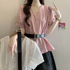批发法式V领不规则正肩短袖衬衫女夏新款胖MM气质收腰显瘦减龄<b class='q'>上衣</b>