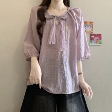 批发苎麻慵懒风编织系带衬衫女2026夏秋新款胖MM宽松显瘦气质减龄<b class='q'>上衣</b>